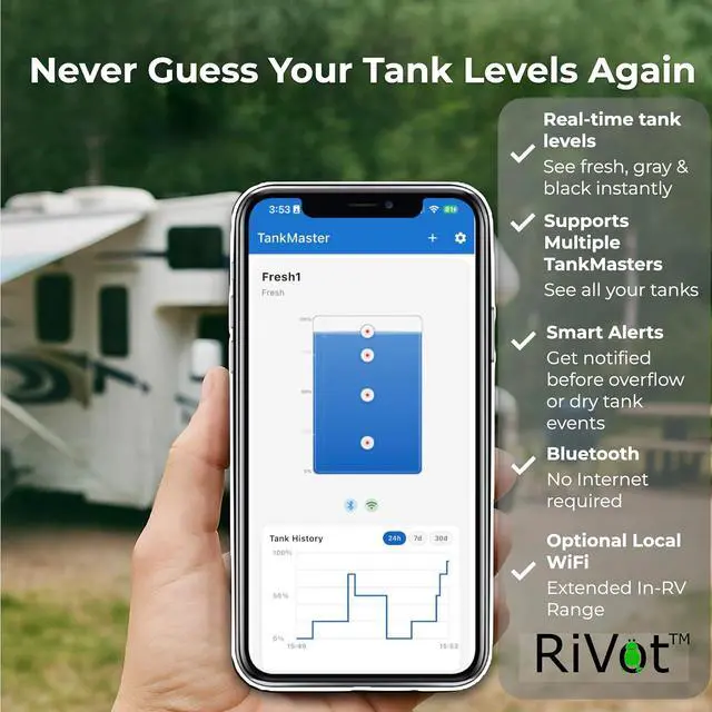 Alt view image 2 of 7 - TankMaster RV Tank Monitor Contactless External Tank Level Sensors with Bluetooth & WiFi Fresh, Gray & Black Tanks No Drill Install for Travel Trailers & Motorhomes iOS & Android