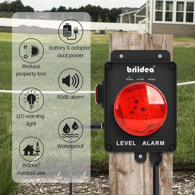 Alt view image 2 of 7 - New Upgrade! Briidea Sump Pump Alarm with Dual Power Supply Design, Indoor/Outdoor High Water Septic Tank Alarm, 110dB Audible Alert, Large LED Indicator, AC Power, Test Button, 10ft Float Switch