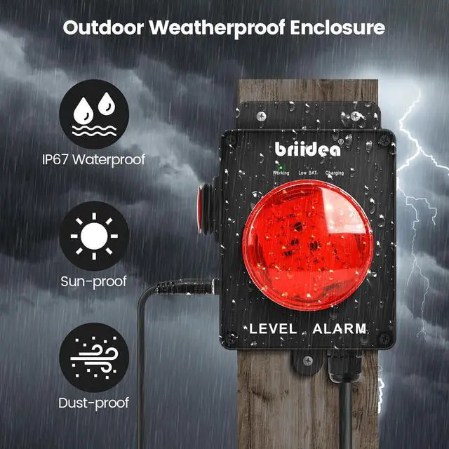 Alt view image 4 of 7 - New Upgrade! Briidea Sump Pump Alarm with Dual Power Supply Design, Indoor/Outdoor High Water Septic Tank Alarm, 110dB Audible Alert, Large LED Indicator, AC Power, Test Button, 10ft Float Switch