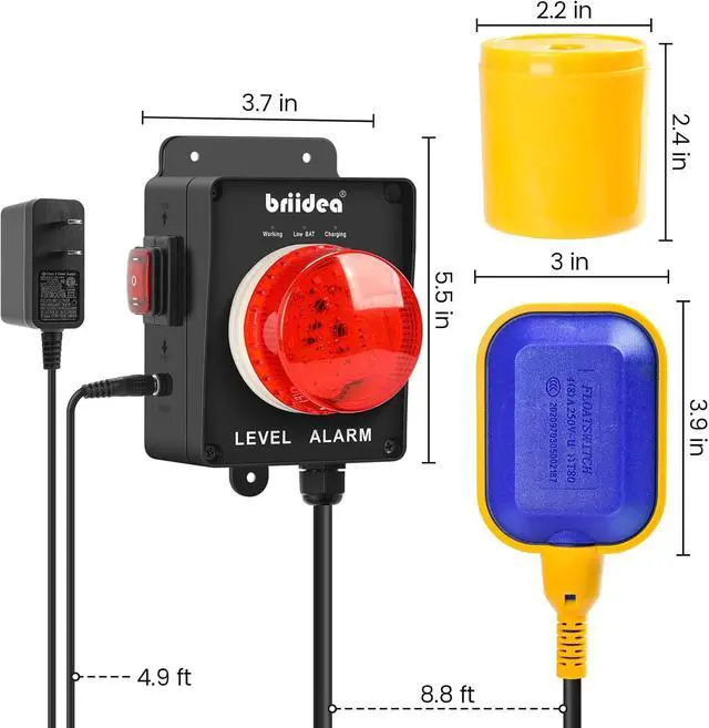 Alt view image 5 of 7 - New Upgrade! Briidea Sump Pump Alarm with Dual Power Supply Design, Indoor/Outdoor High Water Septic Tank Alarm, 110dB Audible Alert, Large LED Indicator, AC Power, Test Button, 10ft Float Switch