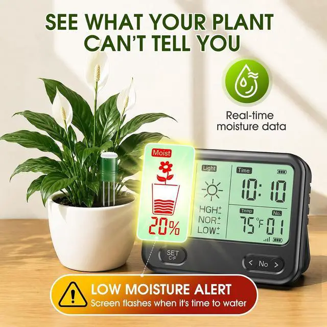 Alt view image 3 of 7 - Soil Moisture Meter for Plants,4-in-1 Wireless Soil Tester,Soil Thermometer/Moisture/Sunlight Time,Large Screen,Indoor/Outdoor Plant Water Meter,Garden Soil Test Kit for Lawn,Farm,Houseplants