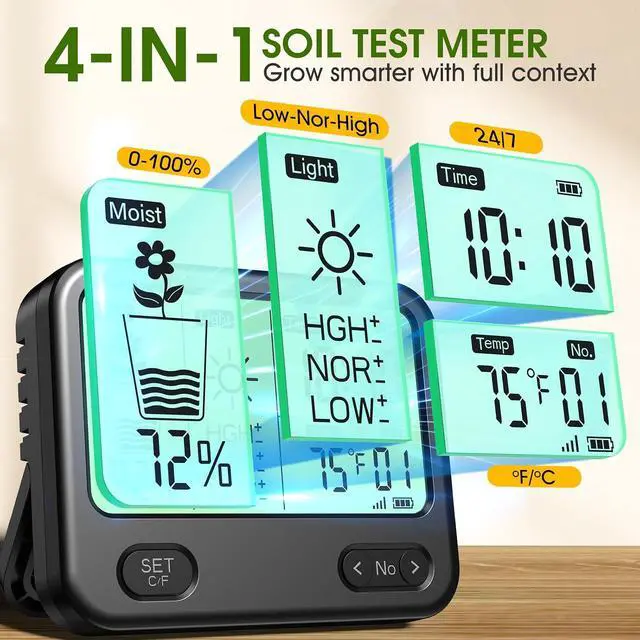 Alt view image 4 of 7 - Soil Moisture Meter for Plants,4-in-1 Wireless Soil Tester,Soil Thermometer/Moisture/Sunlight Time,Large Screen,Indoor/Outdoor Plant Water Meter,Garden Soil Test Kit for Lawn,Farm,Houseplants