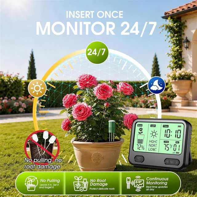 Alt view image 7 of 7 - Soil Moisture Meter for Plants,4-in-1 Wireless Soil Tester,Soil Thermometer/Moisture/Sunlight Time,Large Screen,Indoor/Outdoor Plant Water Meter,Garden Soil Test Kit for Lawn,Farm,Houseplants