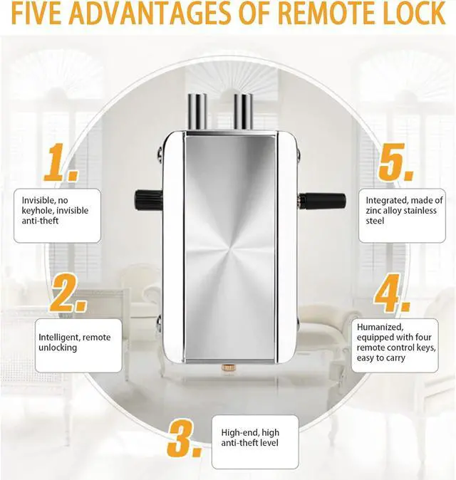 Alt view image 2 of 7 - Electronic Door Lock, Zinc Alloy Anti-Theft Remote Door Lock with 4 Remote Controls, Keyless Entry Smart Remote Control Lock for Home Office Garage, Remote Unlock