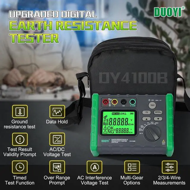 Alt view image 2 of 7 - Earth Resistance Tester 0.03-2000 Soil Resistivity Meter, Upgraded Digital Earth Ground Resistance Tester 2/3 Wire Measurement AC/DC Voltage Meter with Batteries,Tool Bag