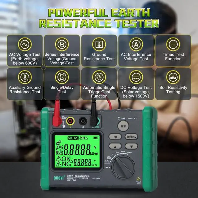 Alt view image 3 of 7 - Earth Resistance Tester 0.03-2000 Soil Resistivity Meter, Upgraded Digital Earth Ground Resistance Tester 2/3 Wire Measurement AC/DC Voltage Meter with Batteries,Tool Bag