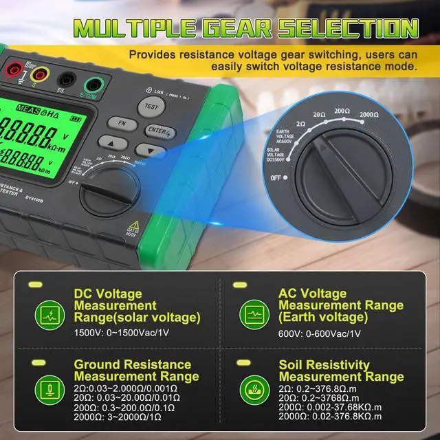Alt view image 5 of 7 - Earth Resistance Tester 0.03-2000 Soil Resistivity Meter, Upgraded Digital Earth Ground Resistance Tester 2/3 Wire Measurement AC/DC Voltage Meter with Batteries,Tool Bag