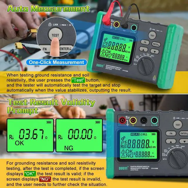 Alt view image 6 of 7 - Earth Resistance Tester 0.03-2000 Soil Resistivity Meter, Upgraded Digital Earth Ground Resistance Tester 2/3 Wire Measurement AC/DC Voltage Meter with Batteries,Tool Bag