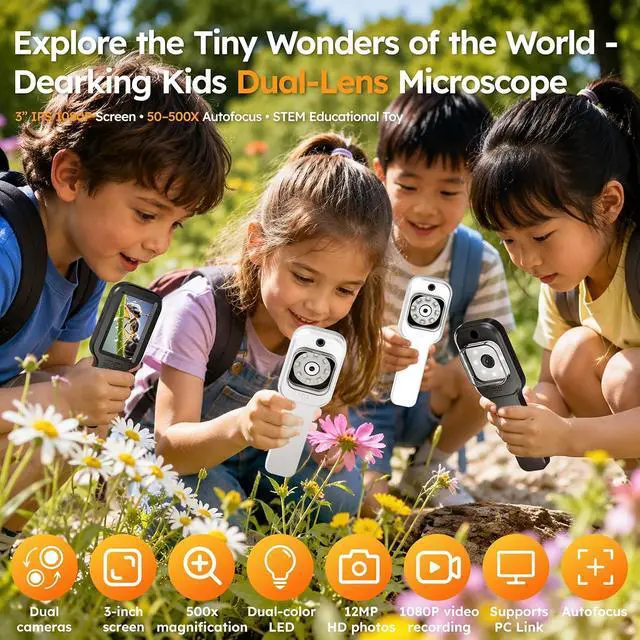 Alt view image 2 of 7 - Kids Microscope Camera 500X Autofocus Magnifier STEM Gift Toy for Ages 4-12 Handheld Digital Magnifying Glass Camera with 3.0" HD Screen and Photo/Video Record,Portable Edu Science Kits for Children