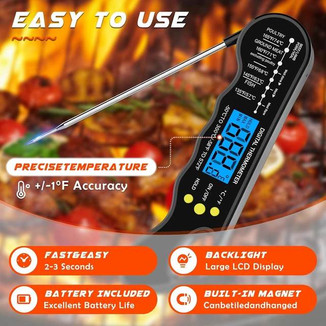 Alt view image 4 of 6 - Instant Read Meat Thermometer, Fast & Accurate Digital Food Thermometer with Backlight, Waterproof & Magnet for Grilling, Cooking, BBQ, Smoker, Baking, and Candy Making (Black)