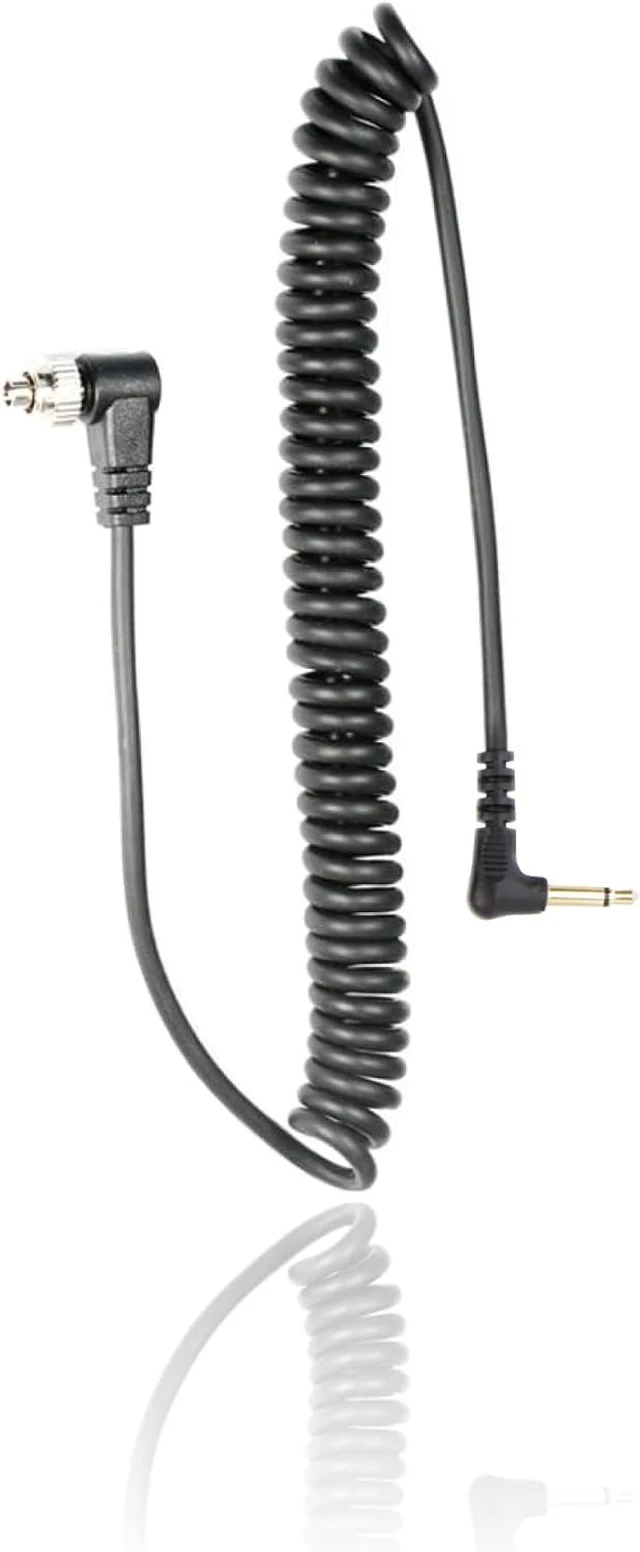 Main image of 3.5 mm to Male Flash PC Sync Cable, 14 Inch Coiled Cord with Screw Lock, Compatible with Canon and Most DSLR Cameras PocketWizard Plus III Plus II Mini Phone PC1 (1 Piece)