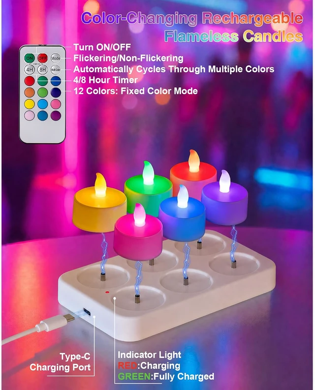 Alt view image 4 of 7 - Color Changing Flameless Candles with Charging StationLED Tea Lights Candles with Remote Control Timer for Holiday,Home Decor,Wedding,Christmas,Halloween,6-Pack,1.65"X1.97"