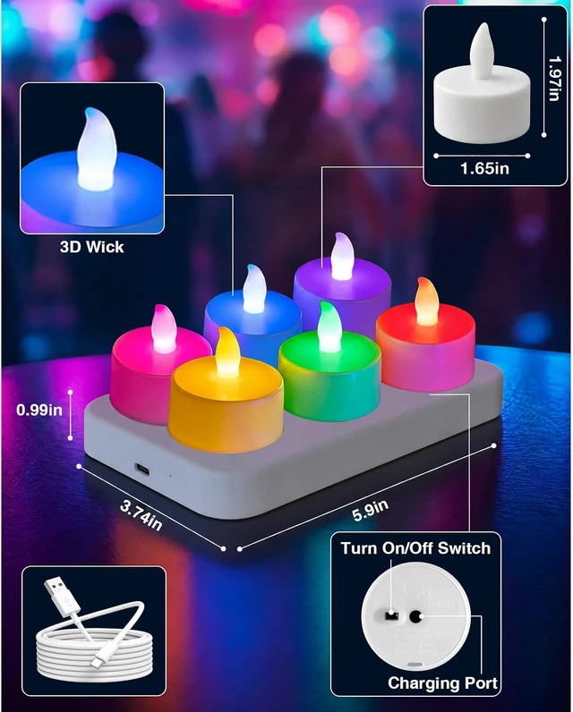 Alt view image 7 of 7 - Color Changing Flameless Candles with Charging StationLED Tea Lights Candles with Remote Control Timer for Holiday,Home Decor,Wedding,Christmas,Halloween,6-Pack,1.65"X1.97"