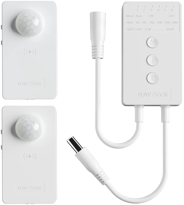 Main image of Wireless Motion Sensor Controller Kit-No Wiring Mini PIR Sensor Switch 12/24VDC RF Wireless Control Led Strip Lights with Dimmable,Timer for Stairway(1 ×Controller+2 ×Motion Sensor)