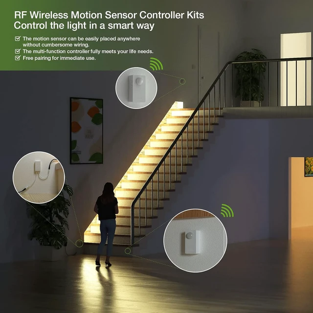 Alt view image 2 of 6 - Wireless Motion Sensor Controller Kit-No Wiring Mini PIR Sensor Switch 12/24VDC RF Wireless Control Led Strip Lights with Dimmable,Timer for Stairway(1 ×Controller+2 ×Motion Sensor)