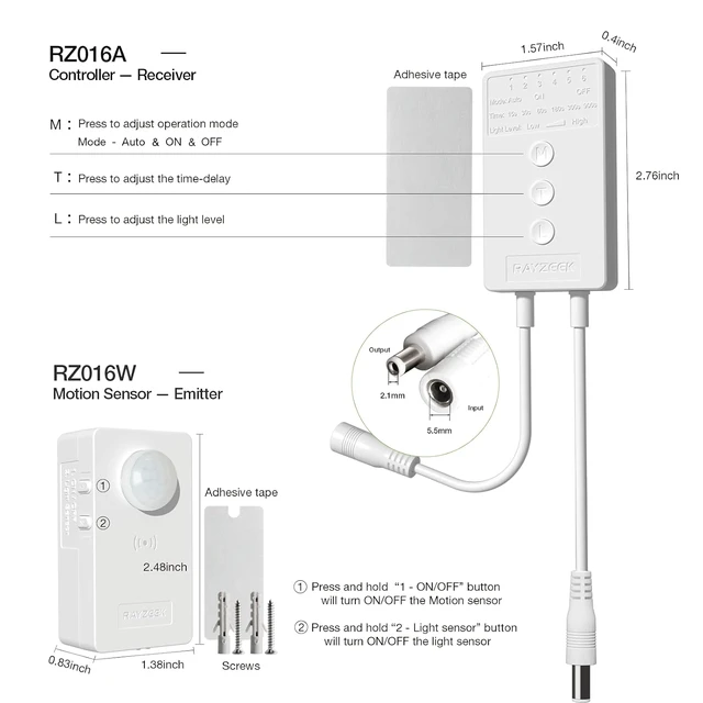 Alt view image 3 of 6 - Wireless Motion Sensor Controller Kit-No Wiring Mini PIR Sensor Switch 12/24VDC RF Wireless Control Led Strip Lights with Dimmable,Timer for Stairway(1 ×Controller+2 ×Motion Sensor)