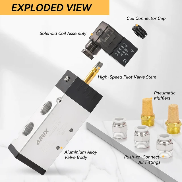 Alt view image 3 of 7 - 1/2" NPT Solenoid Valve 4V410-15, 5-Way 2-Pos, DC 12V, Junction Box