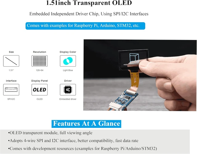 Alt view image 3 of 7 - 1.51inch Transparent OLED Compatible with Raspberry Pi 5/4B/3B+/3B/A+/Pi Zero W/Pi Zero 2W, 128 x 64 Resolution, SPI/I2C Interfaces, Embedded Independent Driver Chip, Light Blue Color Display