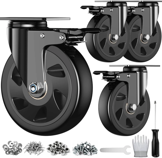 Main image of 5 inch Heavy Duty Casters Wheels, Caster Set of 4 Load 2400lbs with Brake, Locking Swivel Plate Caster, Industrial Castor Wheels for Carts,Furniture and Workbench(Free Screws and Spanner)