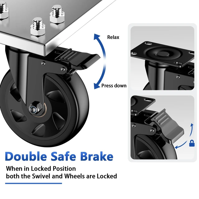 Alt view image 4 of 7 - 5 inch Heavy Duty Casters Wheels, Caster Set of 4 Load 2400lbs with Brake, Locking Swivel Plate Caster, Industrial Castor Wheels for Carts,Furniture and Workbench(Free Screws and Spanner)