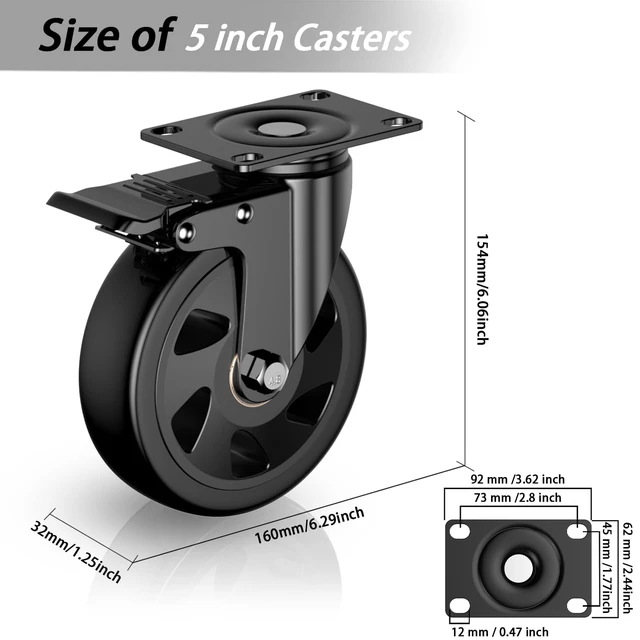 Alt view image 2 of 7 - 5 inch Heavy Duty Casters Wheels, Caster Set of 4 Load 2400lbs with Brake, Locking Swivel Plate Caster, Industrial Castor Wheels for Carts,Furniture and Workbench(Free Screws and Spanner)