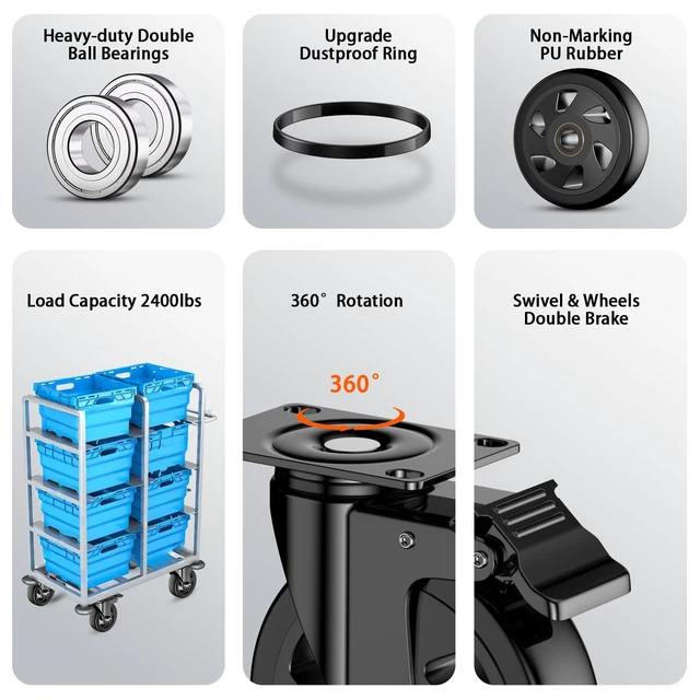 Alt view image 3 of 7 - 5 inch Heavy Duty Casters Wheels, Caster Set of 4 Load 2400lbs with Brake, Locking Swivel Plate Caster, Industrial Castor Wheels for Carts,Furniture and Workbench(Free Screws and Spanner)