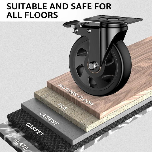Alt view image 5 of 7 - 5 inch Heavy Duty Casters Wheels, Caster Set of 4 Load 2400lbs with Brake, Locking Swivel Plate Caster, Industrial Castor Wheels for Carts,Furniture and Workbench(Free Screws and Spanner)