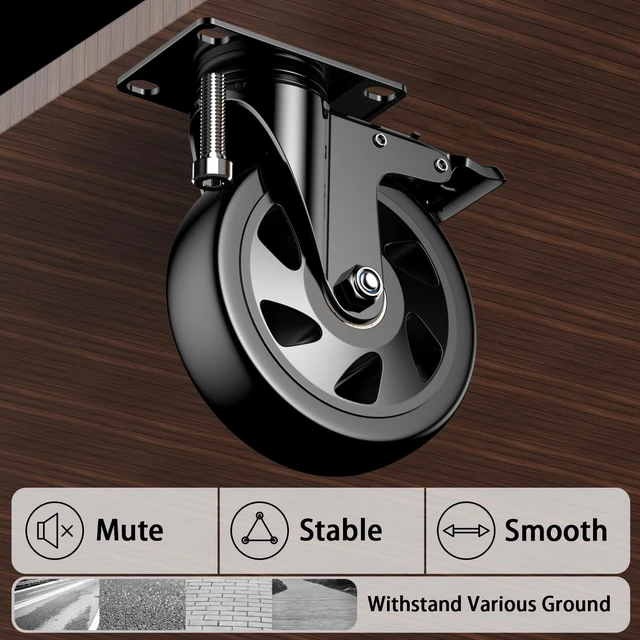 Alt view image 6 of 7 - 5 inch Heavy Duty Casters Wheels, Caster Set of 4 Load 2400lbs with Brake, Locking Swivel Plate Caster, Industrial Castor Wheels for Carts,Furniture and Workbench(Free Screws and Spanner)