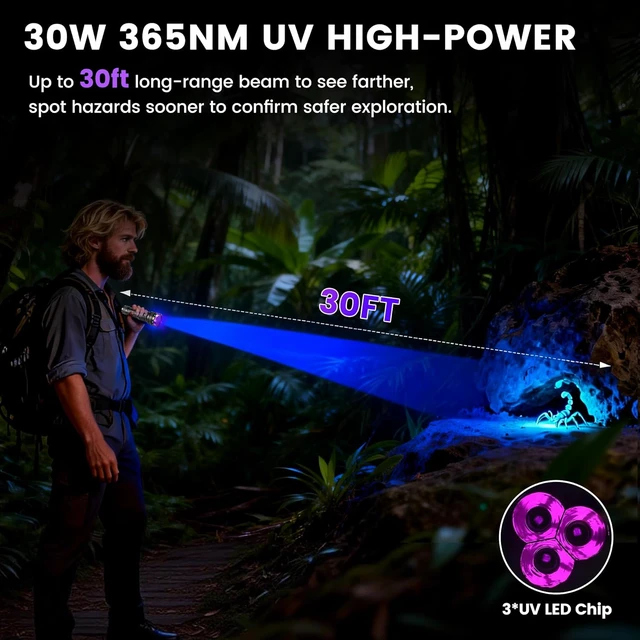 Alt view image 3 of 7 - 365nm UV Light Rechargeable, 30W 3LEDs Black Light Powerful UV Flashlight, LCD Display & Filter Lens, Strong Ultraviolet Blacklight for Resin Curing, Pet Urine Detection, Rocks, Scorpion,etc