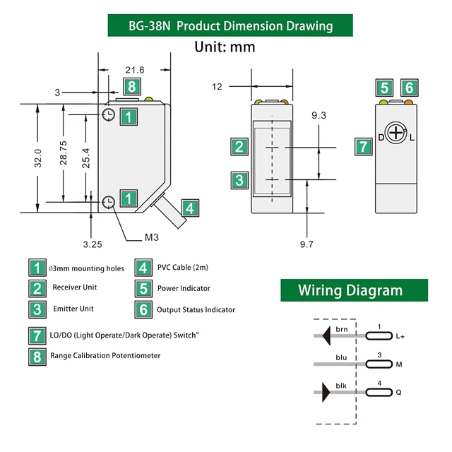Alt view image 5 of 7 - BG-38N NPN Photoelectric Sensor 5-350mm Diffuse 10-30VDC