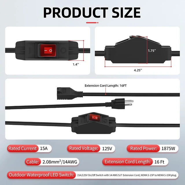 Alt view image 2 of 6 - Switched Extension Cord 16 Ft Outdoor 14 AWG 3 Prong Heavy Duty Extension Cord with Switch On/Off 15A 125V Waterproof Lighted Extension Cord Inline Power Switch for Electrical Equipment