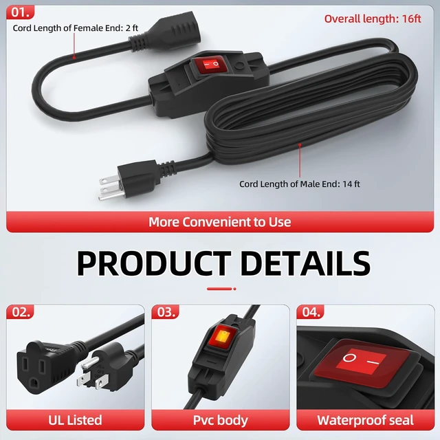 Alt view image 3 of 6 - Switched Extension Cord 16 Ft Outdoor 14 AWG 3 Prong Heavy Duty Extension Cord with Switch On/Off 15A 125V Waterproof Lighted Extension Cord Inline Power Switch for Electrical Equipment