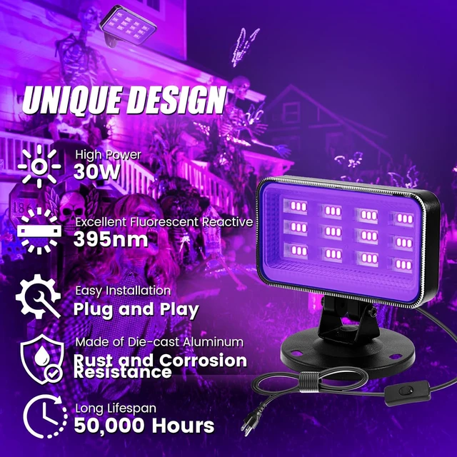 Alt view image 2 of 7 - 30W Black Lights for Glow Party - High Power LED Outdoor Black Light Flood Light Plug in IP66 Waterproof Blacklight Spotlight 395nm Blacklights FloodLight for Glow Party, Halloween (2 Pack)