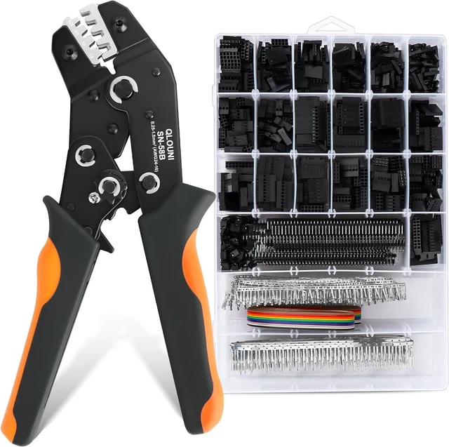 Main image of Dupont Crimping Tool Kit, 2870 PCS 2.54mm Connector Assortment, SN-58B Ratcheting Wire Crimper AWG 2416 (0.251.5mm²), 110 Pin & 2×22×9 Housings, 40-Pin Headers, Jumper Caps & Ribbon Cable