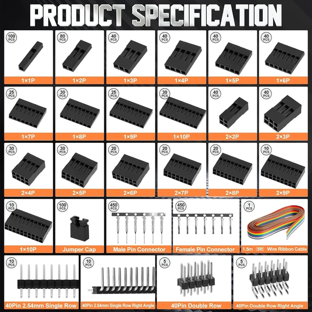 Alt view image 3 of 7 - Dupont Crimping Tool Kit, 2870 PCS 2.54mm Connector Assortment, SN-58B Ratcheting Wire Crimper AWG 2416 (0.251.5mm²), 110 Pin & 2×22×9 Housings, 40-Pin Headers, Jumper Caps & Ribbon Cable