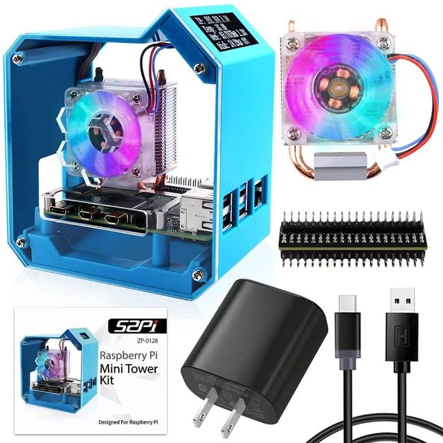 Main image of Mini Tower Kit with QC3.0 Power Supply for Raspberry Pi 4, Pi 4 Case with ICE Tower Cooler, 0.96'' OLED Module, RGB Fan, Heatsink, GPIO Expansion Board for Raspberry Pi 4 Model B