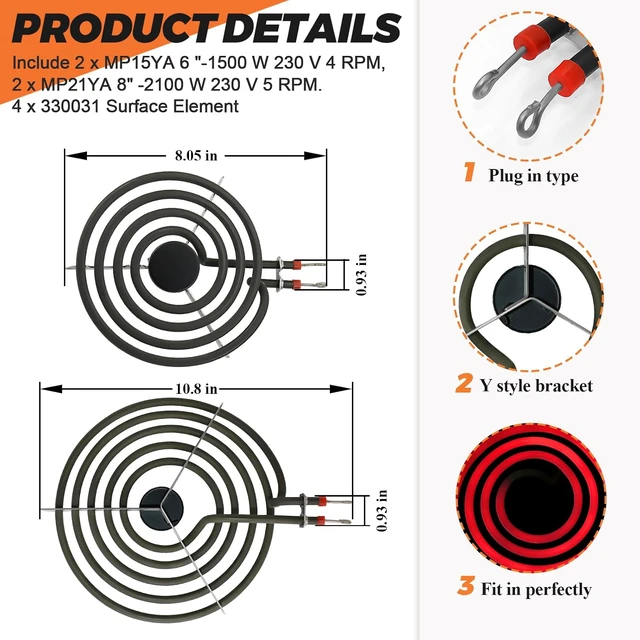 Alt view image 2 of 6 - 2026 UPGRADEDMP22YA Electric Range Burner Element Unit Set(2 pcs MP15YA 6" & 2 pcs MP21YA 8") with 4 Pack 330031 Surface Element Receptacle Kit for Whirlpool Ken-more Ranges/Stoves by