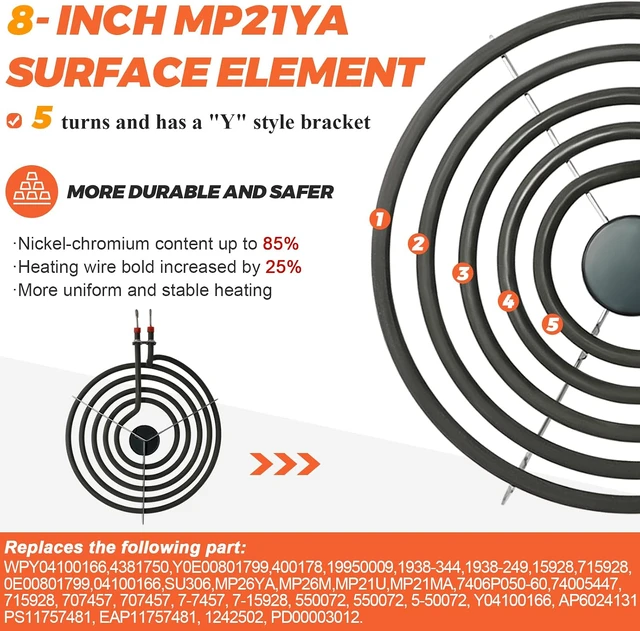 Alt view image 4 of 6 - 2026 UPGRADEDMP22YA Electric Range Burner Element Unit Set(2 pcs MP15YA 6" & 2 pcs MP21YA 8") with 4 Pack 330031 Surface Element Receptacle Kit for Whirlpool Ken-more Ranges/Stoves by