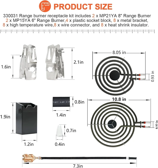 Alt view image 5 of 6 - 2026 UPGRADEDMP22YA Electric Range Burner Element Unit Set(2 pcs MP15YA 6" & 2 pcs MP21YA 8") with 4 Pack 330031 Surface Element Receptacle Kit for Whirlpool Ken-more Ranges/Stoves by