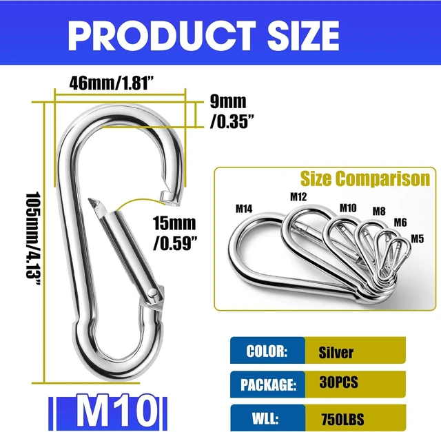 Alt view image 2 of 7 - 30Pack Heavy Duty Carabiner Clips Black 3/8 Spring Snap Hooks for Swing