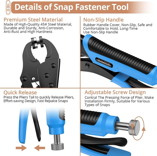 Alt view image 2 of 7 - Snap Fastener Tool Kit, Pliers with 3 Dies, 30 Sets 15mm Metal Snaps