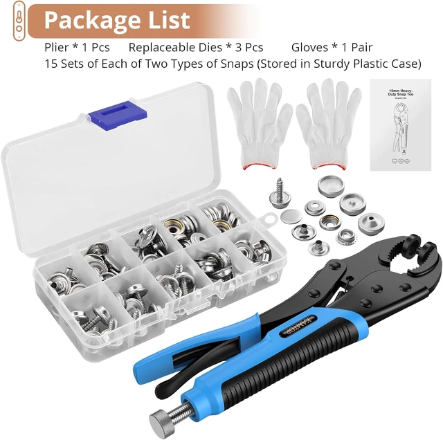 Alt view image 7 of 7 - Snap Fastener Tool Kit, Pliers with 3 Dies, 30 Sets 15mm Metal Snaps