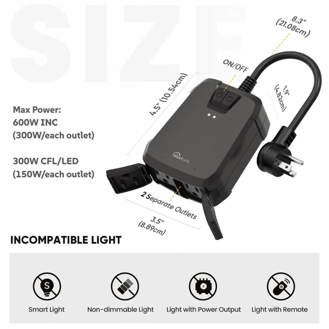 Alt view image 2 of 7 - 2 in 1 Outdoor Smart Dimmer Plug, 2 Individual Control Sockets, 600W, Compatible with Alexa, Google Home, IP64 Dimmer for Outdoor String Lights, Dusk to Dawn, 2.4GHz WiFi Only
