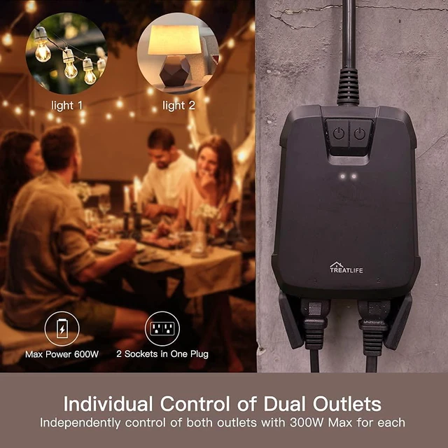 Alt view image 3 of 7 - 2 in 1 Outdoor Smart Dimmer Plug, 2 Individual Control Sockets, 600W, Compatible with Alexa, Google Home, IP64 Dimmer for Outdoor String Lights, Dusk to Dawn, 2.4GHz WiFi Only