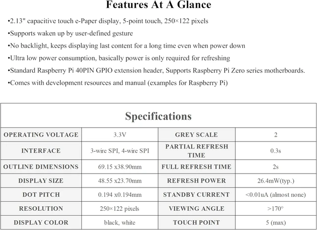 Alt view image 3 of 7 - 2.13inch Touch e-Paper Display with ABS Case for Raspberry Pi Zero 2 W/Raspberry Pi Zero/Pi Zero W/Pi Zero WH, 250x122 Pixels E-Ink, Paper-Like Effect Support Partial Refresh