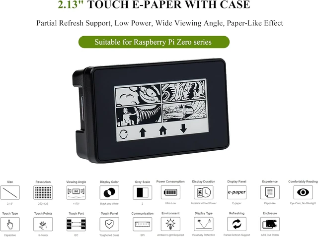 Alt view image 2 of 7 - 2.13inch Touch e-Paper Display with ABS Case for Raspberry Pi Zero 2 W/Raspberry Pi Zero/Pi Zero W/Pi Zero WH, 250x122 Pixels E-Ink, Paper-Like Effect Support Partial Refresh