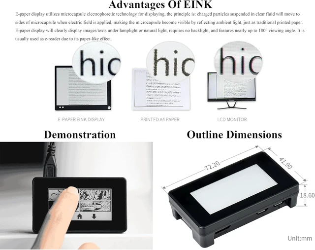 Alt view image 6 of 7 - 2.13inch Touch e-Paper Display with ABS Case for Raspberry Pi Zero 2 W/Raspberry Pi Zero/Pi Zero W/Pi Zero WH, 250x122 Pixels E-Ink, Paper-Like Effect Support Partial Refresh