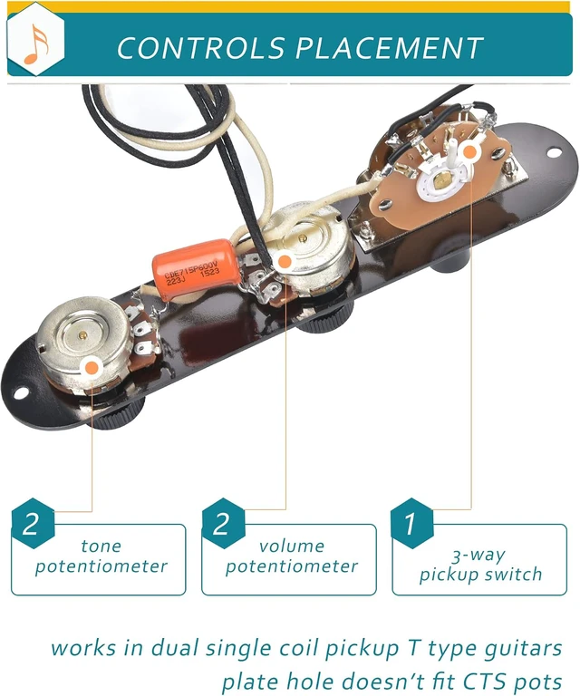 Alt view image 4 of 7 - Fully Loaded Guitar Control Plate, Prewired 3-way Blade Switch Large Potentiometers Orange Capacitor, Knurled Volume Tone Controls System Fit for Guitars with Single Coil Pickups, Black