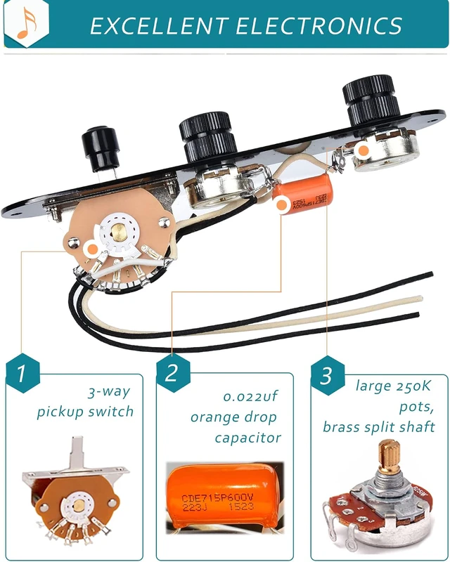 Alt view image 3 of 7 - Fully Loaded Guitar Control Plate, Prewired 3-way Blade Switch Large Potentiometers Orange Capacitor, Knurled Volume Tone Controls System Fit for Guitars with Single Coil Pickups, Black