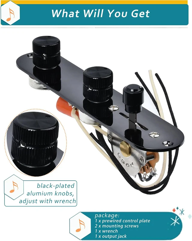 Alt view image 7 of 7 - Fully Loaded Guitar Control Plate, Prewired 3-way Blade Switch Large Potentiometers Orange Capacitor, Knurled Volume Tone Controls System Fit for Guitars with Single Coil Pickups, Black